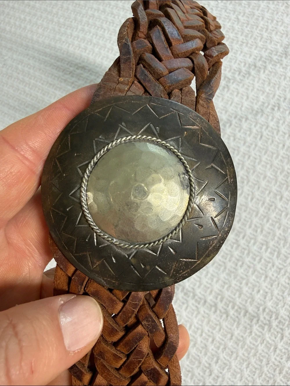 Braided leather belt with silver hammered buckle boho, western made in Morocco
